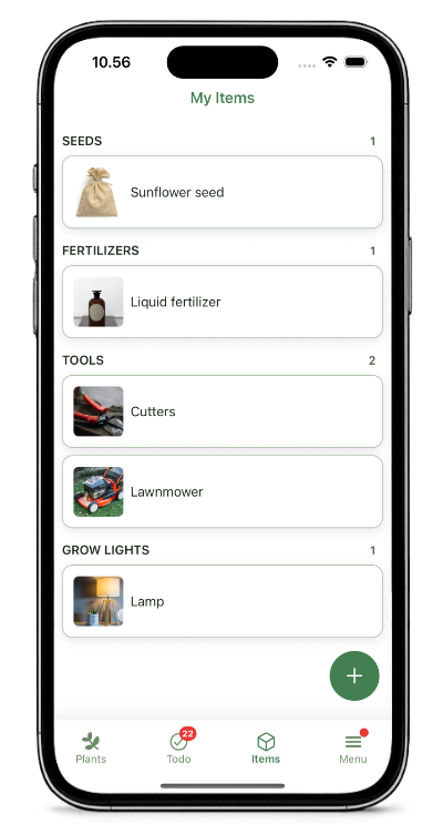 Kasvia Items tab showing plant care supplies organised by category.