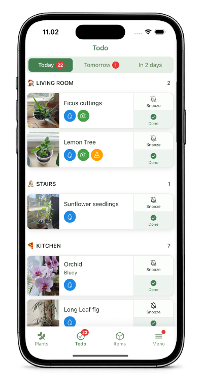 Kasvia Todo screen showing due watering tasks grouped by day.