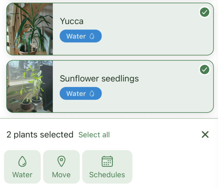 Kasvia plant list in multi-select mode.